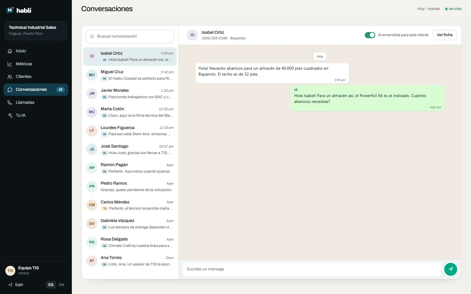 Portal de Habli con las conversaciones de WhatsApp